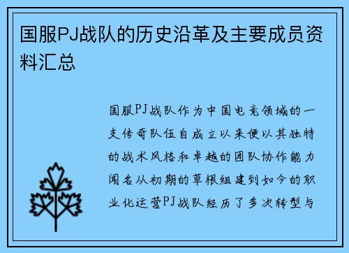 国服PJ战队的历史沿革及主要成员资料汇总