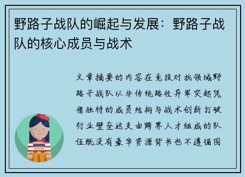 野路子战队的崛起与发展：野路子战队的核心成员与战术